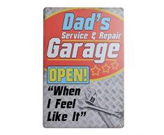 PEIs Blechschild, Aufschrift Dads Garage, Open When I Feel Like it, lustiges Retro-Vintage-Metall-Poster, Hausbar, Garage Man Cave Decor, 20 x 30 cm