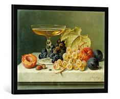 Gerahmtes Bild von Emilie Preyer EIN Champagnerglas, Weintrauben, Pflaumen und Pfirsiche auf Einer Marmorplatte, Kunstdruck im hochwertigen handgefertigten Bilder-Rahmen, 70x50 cm, Schwarz matt