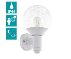 EGLO Außen-Wandlampe Sossano, 1 flammige Außenleuchte inkl. Bewegungsmelder, Sensor-Wandleuchte aus Kunststoff und Glas mit Lufteinschlüssen, Farbe: Weiß, transparent, Fassung: E27, IP44