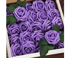 Higfra Künstliche Rosen, 25 Stück echt aussehende Schaumstoff-Rosen mit Stielblättern für DIY Dekoration Hochzeit Tischdeko Blumensträuße Kuchen Blumen violett