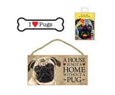 Mops Hund Lover Geschenk Bundle – Deko Wand Schild A House is Not A Home Without A Pug, Auto-Magnet I Love Pugs, und Kühlschrank Magnet All You Need is Love und Hunde