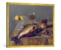 Gerahmtes Bild von Otto Scholderer Stilleben mit Zitronen auf Einer Glasschale, Fisch, Walnüssen, Weinglas und Weinkrug, Kunstdruck im hochwertigen handgefertigten Bilder-Rahmen, 100x70 cm, Gold Raya