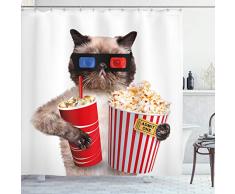 Kino Decor Vorhang für die Dusche von ambesonne, Katze mit Popcorn und Trinken ansehen von Film Gläser Entertainment Cinema, Stoff Badezimmer Decor Set mit Haken, multicolor, Textil, Multi 1, 69W x 75L