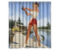 Amercan Sexy Pin-up Girl fishing Bathroom Shower Curtain - Vintage Retro Body Art Work Canvas Painting Style Waterproof Polyester Fabric 66(w)x72(h) Rings Included