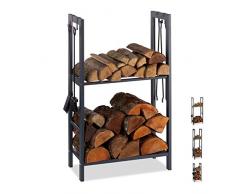 Relaxdays, anthrazit Kaminholzregal mit 2 Ablagen, aus Stahl, 4 Haken für Kaminbesteck, Brennholzregal HBT 100x60x30 cm, 100 x 60 x 30 cm