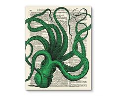 Kunstdruck, Motiv: grüne Oktopus im Vintage-Look, Moderne Moderne Wandkunst für Badezimmer und Zuhause, Boho Landhaus Wanddekoration, 20,3 x 25,4 cm, ungerahmt
