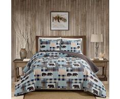 Rustikales modernes Bauernhaus Cabin Lodge Gesteppte Tagesdecke Bettwäsche-Set mit Patchwork von Wildlife Grizzly Bären und Büffelkaro, Beige/Blau – Western 2 Full/Queen