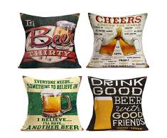Hopyeer Vintage Beer Kissenbezug Baumwolle Leinen Kissenbezug Kissenbezug Cheer Zitat Muster quadratisch Kissenbezug Set 4 Bar Home Sofa Dekoration 45,7 x 45,7 cm Vintage Beer
