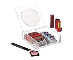 Relaxdays Make Up Organizer, Deckel mit Spiegel, 2 Fächer, Schminkspiegel, Kosmetikbox, Acryl Organizer, transparent