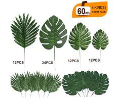 Künstliche Palmenblätter tropische Kunstpflanze Blätter Safariblätter Hawaiianische Luau-Party-Themen-Dekorationen, Tiki Dekoration, Aloha Dschungel Strand Geburtstag Tischdekoration 60pcs 4kinds