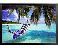Buyartforless Poster Tropischer Strand – Hängematte mit Handtuch und Hut, 91 x 61 cm