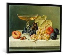 Gerahmtes Bild von Emilie Preyer EIN Champagnerglas, Weintrauben, Pflaumen und Pfirsiche auf Einer Marmorplatte, Kunstdruck im hochwertigen handgefertigten Bilder-Rahmen, 100x70 cm, Schwarz matt