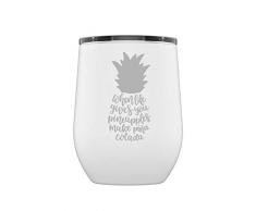 Stainless Steel Camping & Travel Powder Coated Wine Glass Tumbler with Splash Proof Lid, Triple Wall Vacuum Insulated, Mug Coffee Cup|Travel, Camping, Work|Hot Cold Drinks (White, Pineapples)