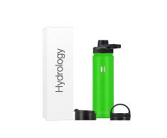 Hydrology Wasserflasche Adventure Edition – 622 oz, 32 oz, 40 oz, oder 64 oz mit 3 Deckeln, doppelwandig, vakuumisoliert, Edelstahl, breite Öffnung, Hydro Sportflasche, auslaufsicher, schweißfrei, neon green, 22 oz