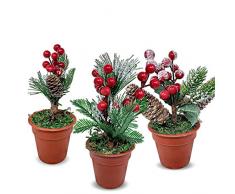 BANBERRY DESIGNS Topfset für Weihnachten, Töpfe, 3 Töpfe mit Tannenzapfen und roten Beeren und Tannenzapfen, Schneeflock, Weihnachtsbaum-Dekor