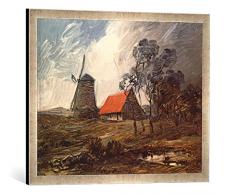 Gerahmtes Bild von Wilhelm Busch Herbstlandschaft mit Windmühle und rotem Haus, Kunstdruck im hochwertigen handgefertigten Bilder-Rahmen, 70x50 cm, Silber Raya