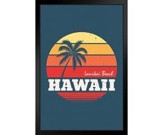 Lanikai Beach Hawaii Palm Tree Sunset Retro Travel Art Print Kunstdruck 14x20 inches Framed Poster