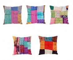 Indistar Set von 5 Überwurf Kissenbezug | Seide Patchwork Kissen mit Traditionelle Indische Kantha Arbeit | Dekorative Kissenbezüge, 16 x 16 inch-93100–504-iw-p5