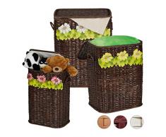 Relaxdays Aufbewahrungskorb 3er Set, Deckel, handgefertigt, Spielzeug & Wäsche, Rattankorb, v. Größen, dunkelbraun, 3 Stück
