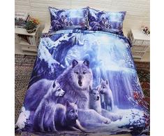 WONGS BEDDING Bettwäsche-Set für Kinder, Jungen, Teenager, Erwachsene, 3D-Wolf, 1 Bettbezug mit 2 Kissenbezügen, Queen-Size, Blau