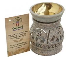 CRAFKART Teelichthalter aus Speckstein mit Elefantenfiguren an der Seite geschnitzt und Einer Rosette auf der Oberseite – dekorative Lampen, Laternen – handgefertigt Öldiffusor.