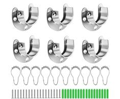 6 Stück Edelstahl Kleiderstangen-Halterung, U-förmiger Flansch Set Stangen-Halter, Kleiderstangen-Endträger mit Schraube und 10 Vorhang-Ringe für Schrank Duschvorhangstange, einfache Installation und Demontage