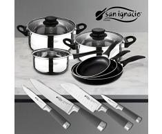San Ignacio PK331 Set aus drei Pfannen + Kochgeschirr-Set 5-teilig + Messerset, verchromt