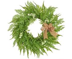 WooooW Ltd Künstlicher Farn-Kranz, Kunstpflanzen, Boston Farne, Grün, mit Schleife für Vordertür, Wanddekoration