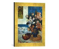 Gerahmtes Bild von Paul Gauguin Stilleben mit Mandoline und Blumen, Kunstdruck im hochwertigen handgefertigten Bilder-Rahmen, 30x40 cm, Gold Raya