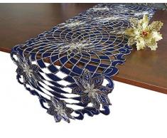 Granddeco Tischläufer, Weihnachtsstern bestickt, mit Blumenmuster, Weihnachtsblume, Kommode, Kreuzstich, Tischdekoration für Zuhause, Essen, Weihnachten, Tischdekoration, Läufer, 16 x 68 cm Runner16x68 blau