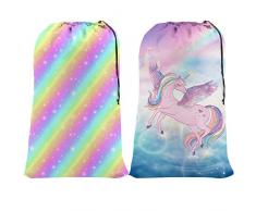 Nidoul 2er-Pack extra großer Wäschesack, strapazierfähige Reisetasche, Wäschesack, Kordelverschluss, schmutzige Kleidung, langlebige Ripstop-Beutel für Camping, Schlafsaal, maschinenwaschbar, 61 x 91,4 cm Unicorn Rainbow