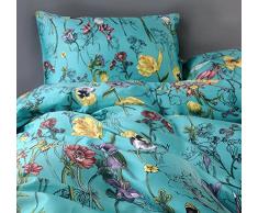 Vintage Botanical Flower Print 400 TC, Baumwollsatin Romantische Bettwäsche mit Blumenmuster Schal Bettbezug, 3-teiliges Set Colorful Antik Zeichnung von Sommer Lilien Daisy Blüten, baumwolle, blau, King Size