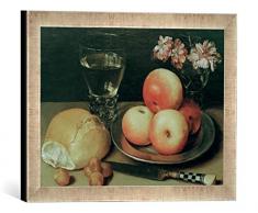 Gerahmtes Bild von Georg Flegel Stilleben mit Äpfeln, Kunstdruck im hochwertigen handgefertigten Bilder-Rahmen, 40x30 cm, Silber Raya