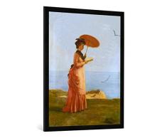 Gerahmtes Bild von Valentine Cameron Prinsep Frau mit Sonnenschirm am Strand der Insel Wight, ein Buch lesend - Emily Prinsep, Kunstdruck im hochwertigen handgefertigten Bilder-Rahmen, 100x70 cm, Schwarz matt