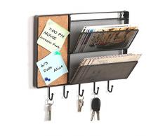 Schwarze Ablage aus Metall für Briefe mit Wandmontierung, Korkbrettchen und 5 Schlüsselhaken