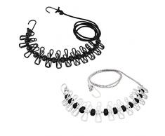 ZLY 2er-Pack Reisewäscheleine, Tuchleine für Innen und Außenbereich, Camping Wäscheleine mit 12 Wäscheklammern, Weiß und Schwarz