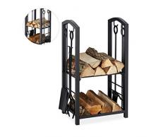 Relaxdays Kaminholzregal mit Besteck, 2 Ablagen, Stahl, Kaminbesteck 4-teilig, Schaufel, Besen, Zange & Haken, schwarz, 73 x 46 x 30 cm