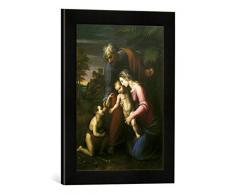Gerahmtes Bild von Raffael Die Heilige Familie mit dem kleinen Johannes, Kunstdruck im hochwertigen handgefertigten Bilder-Rahmen, 30x40 cm, Schwarz matt