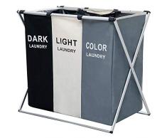 MONICOO Wäschekorb, 145 l, faltbar, 3 Abschnitte, Aluminiumrahmen, 66 x 61 cm, Wäschesack für Badezimmer, Schlafzimmer (3 Einsätze)