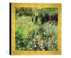 Gerahmtes Bild von Auguste Renoir Frau mit Sonnenschirm in einem Garten, Kunstdruck im hochwertigen handgefertigten Bilder-Rahmen, 30x30 cm, Gold Raya