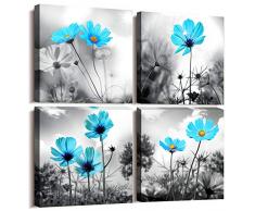 Art Wand Moderne Salon Thema Schwarz und Weiß, die rot Blume Flower Leinwandbild Abstrakte Malerei Stillleben Kunstdruck für Home Decor Flower Leinwand Wall Art Malerei für Wohnzimmer Decor 12*12inches*4pcs (30*30cm*4pcs£© blau