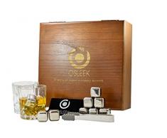 Whiskey Trinken Steine – Großes Set von 8 Edelstahl Getränke Chillen rocks- inkl. 2 Trinken Gläser und einem Samtbeutel – hält Ihr Getränk eisgekühlt und kein Wasser Dilution – Gespeichert in einer Geschenk-Box