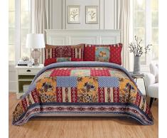 K&M MK Hause über Größe Set Decke Tagesdecke Gesteppt Patchwork Blumen Quadrate Rot Marineblau Elfenbein Burgund Neu # Verona King/California King Rot