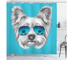Yorkie Vorhang für die Dusche von ambesonne, Yorkshire Terrier Porträt mit Cool Spiegel Sonnenbrille Hand Ziehen, Cute Animal Art, Stoff Badezimmer Decor Set mit Haken, blau, weiß, Textil, Multi 1, 69W x 84L