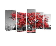 Visual Art Decor Leinwandbild, Motiv großer herbstgelber Baum in Schwarz und Weiß, 5 Stück Retro 02 Red