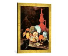 Gerahmtes Bild von Cristoforo Munari Stilleben mit Zitrusfrüchten und Porzellan, Kunstdruck im hochwertigen handgefertigten Bilder-Rahmen, 40x60 cm, Gold Raya