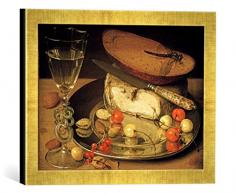 Gerahmtes Bild von Georg Flegel Stilleben mit Käse und Kirschen, Kunstdruck im hochwertigen handgefertigten Bilder-Rahmen, 40x30 cm, Gold Raya