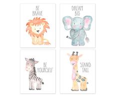 Wanddekoration für Kinderzimmer ANIMAL Gemälde Set von 4, Safari Kinderzimmer Baby Kids Room Wall Prints, Baby Animal Portraits Löwe Elefant Zebra Giraffe Kinderzimmer Kunst, Kinderzimmer Decor, Baby Kids Room, Wand-Kunst, ungerahmt