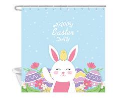 JAWO Happy Ostern Duschvorhang, Hühnchen, Hasen Blumen und Eier, Polyester-Stoff-Badevorhänge, Set mit Haken, 69 x 70 cm