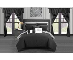 Chic Home Schmuseset Sigal 20 teilig Wendebettwäsche geometrisch gesteppt Design Komplettbett in Einer Tasche Bettwäsche Bettlaken Dekokissen Kissenbezüge Fenstervorhänge inklusive Queen Schwarz